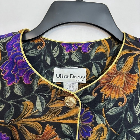 90s Vintage Ultra Dress Women's Floral Blouse Top in Black Purple Orange sz 8 - Picture 5 of 11